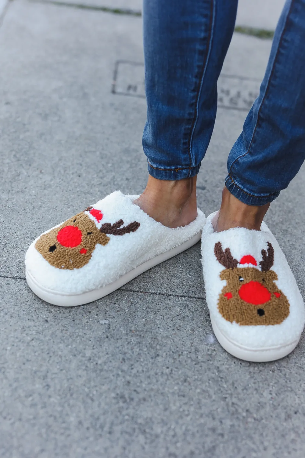 Red Nose Reindeer Print Fleece Slippers