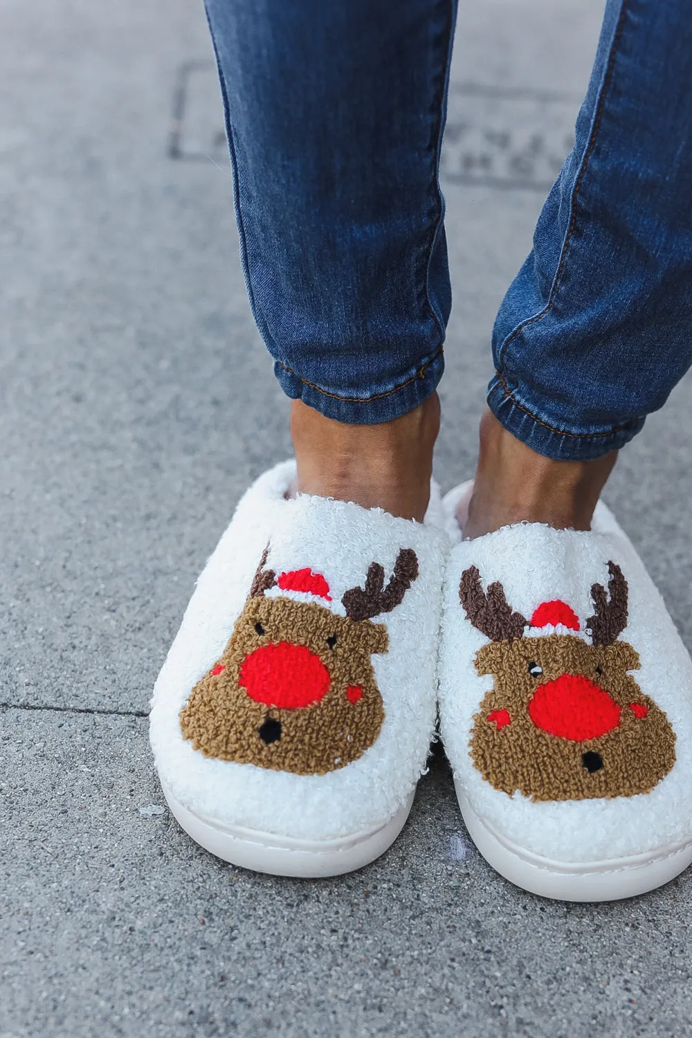 Red Nose Reindeer Print Fleece Slippers