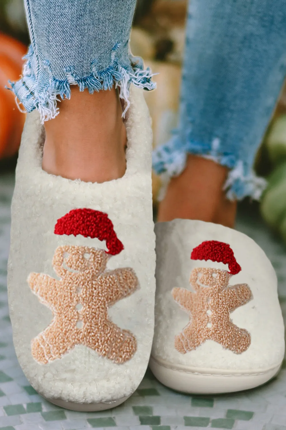 White Christmas Gingerbread Man Plush Home Slippers