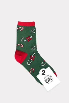 Women's Christmas Socks - Candy Cane: Dark Green