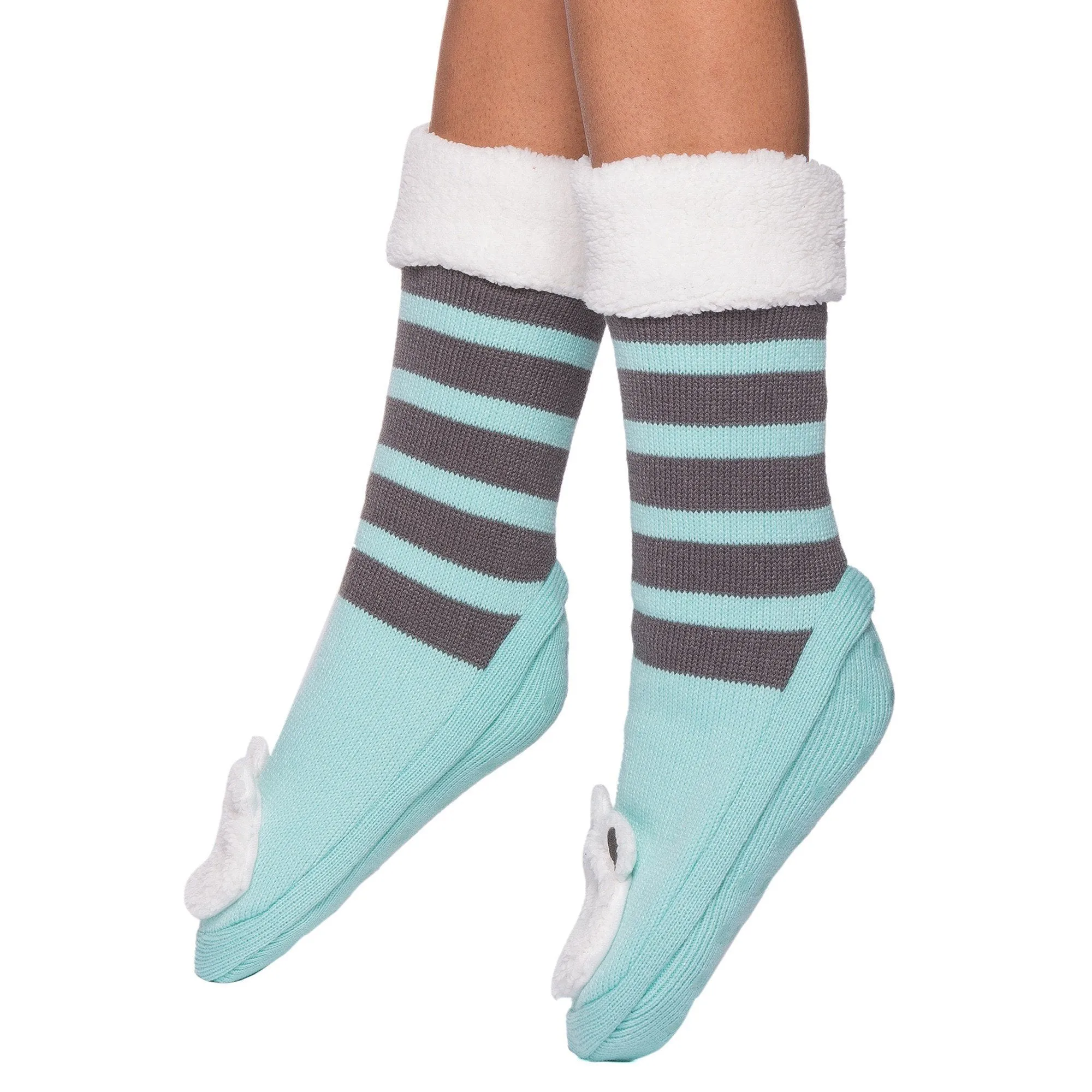 Women's Cute Knit Animal Face Slipper Socks - Polar Bear Aqua