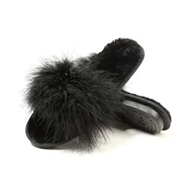 Women's Furry Fur Slippers Memory Foam House Slippers House Shoes(Black,6.5-7)