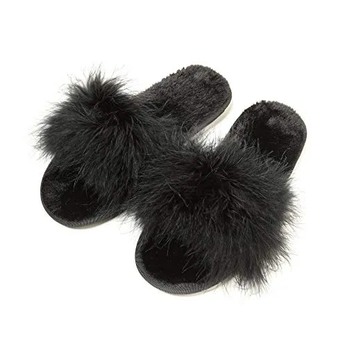 Women's Furry Fur Slippers Memory Foam House Slippers House Shoes(Black,6.5-7)