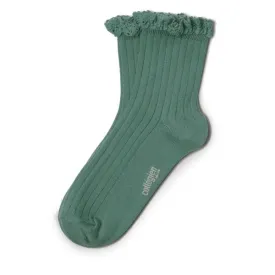 Women's Lace Trim Ribbed Ankle Socks - jade